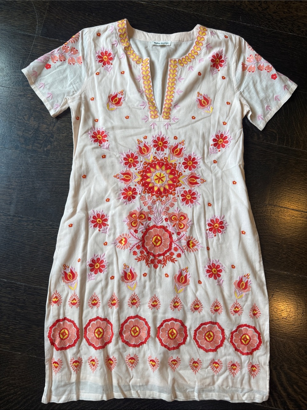 Roller Rabbit Embroidered Mini Dress - White with Pink & Red Accents